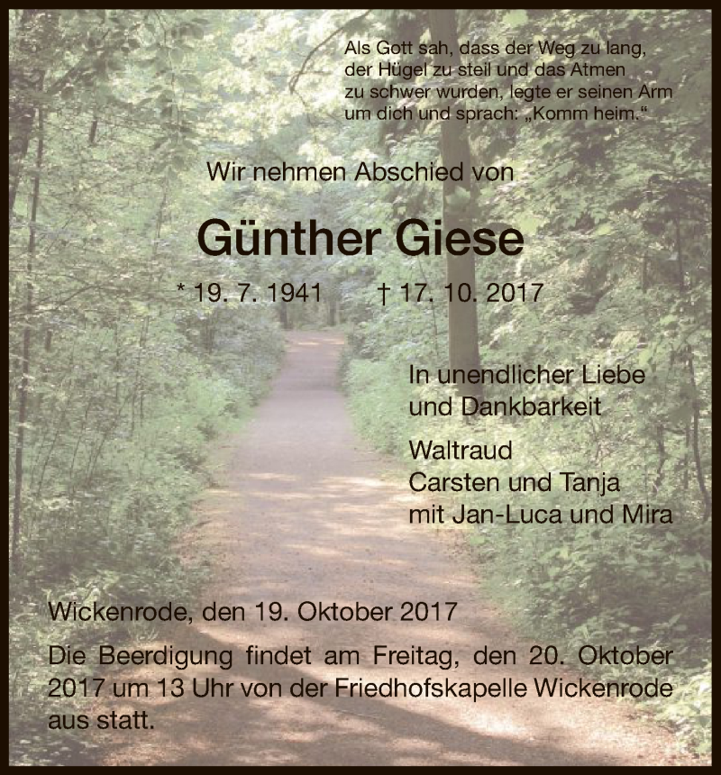  Traueranzeige für Günther Giese vom 19.10.2017 aus HNA