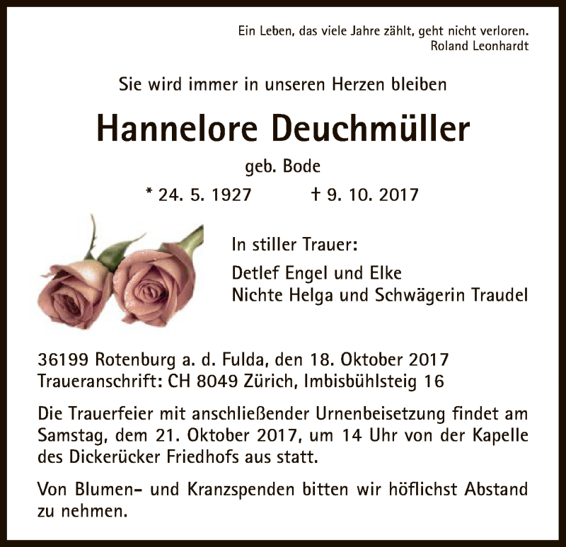  Traueranzeige für Hannelore Deuchmüller vom 18.10.2017 aus HNA