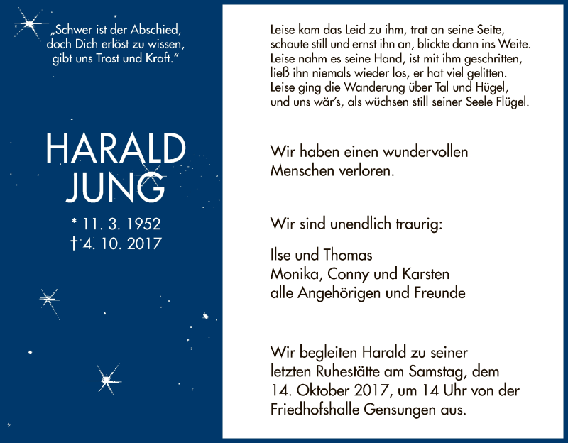  Traueranzeige für Harald Jung vom 12.10.2017 aus HNA