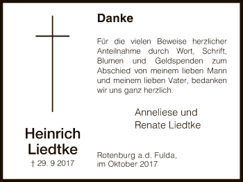Traueranzeige von Heinrich Liedtke von HNA