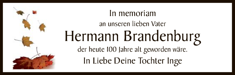 Traueranzeige für Hermann Brandenburg vom 09.10.2017 aus HNA