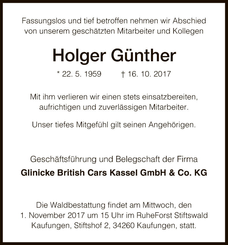  Traueranzeige für Holger Günther vom 28.10.2017 aus HNA