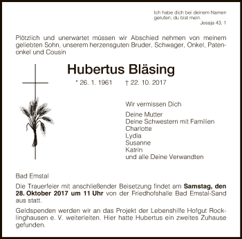 Traueranzeige von Hubertus Bläsing von HNA