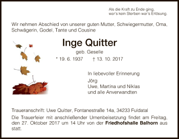 Traueranzeige von Inge Quitter von HNA