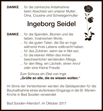Traueranzeige von Ingeborg Seidel von HNA