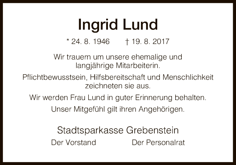  Traueranzeige für Ingrid Lund vom 20.10.2017 aus HNA