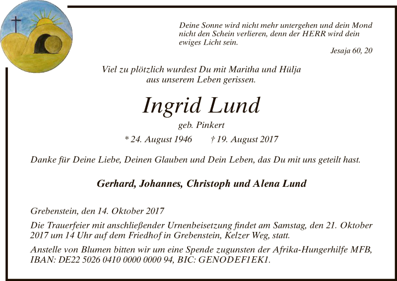  Traueranzeige für Ingrid Lund vom 14.10.2017 aus HNA