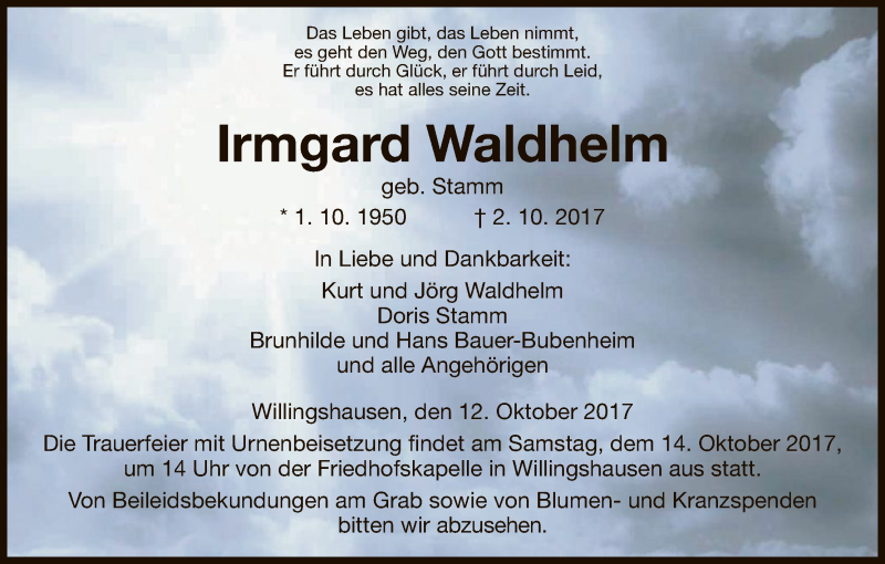  Traueranzeige für Irmgard Waldhelm vom 12.10.2017 aus HNA