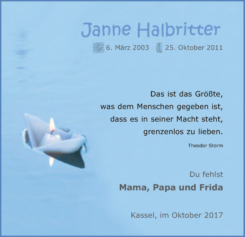  Traueranzeige für Janne Halbritter vom 25.10.2017 aus HNA