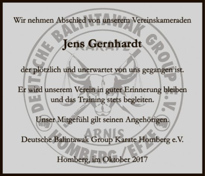 Traueranzeige für Jens Gernhardt vom 26.10.2017 aus HNA