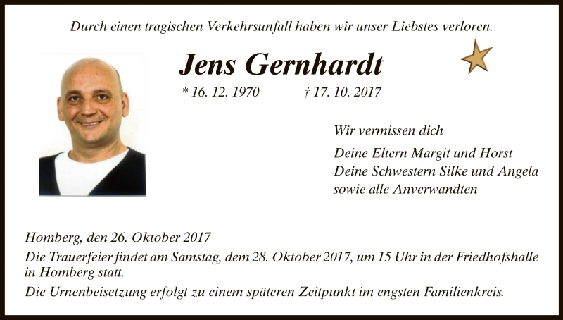  Traueranzeige für Jens Gernhardt vom 26.10.2017 aus HNA