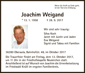 Traueranzeige von Joachim Weigand von HNA