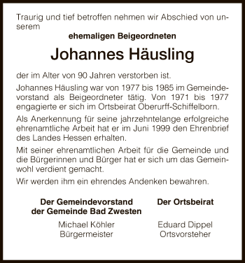 Traueranzeige von Johannes Häusling von HNA