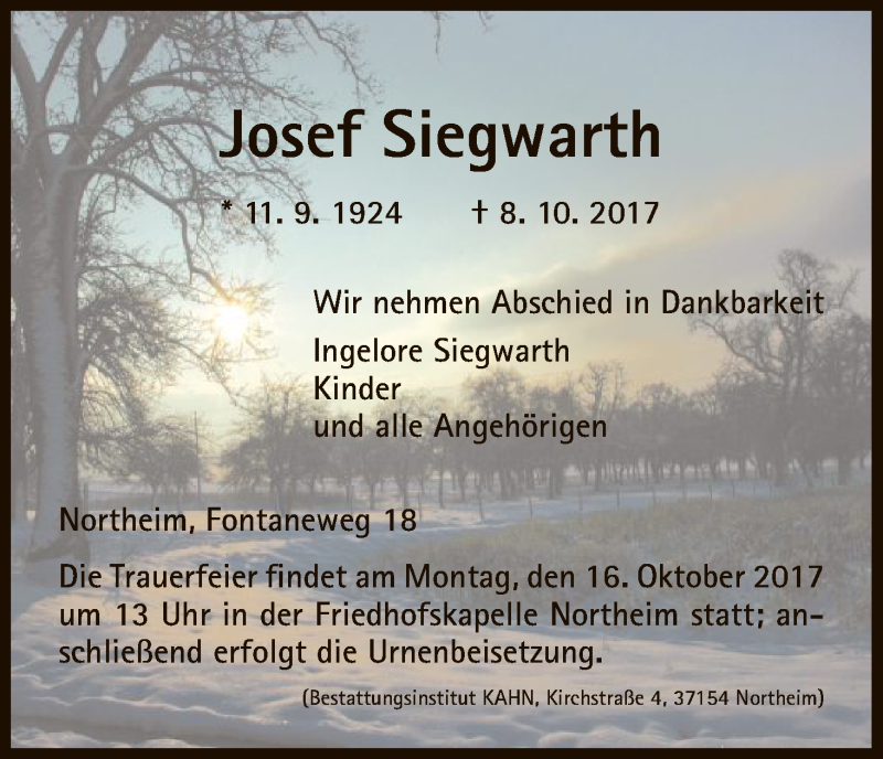  Traueranzeige für Josef Siegwarth vom 12.10.2017 aus HNA