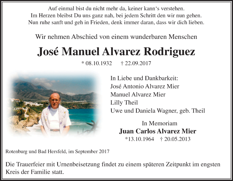  Traueranzeige für José Manuel Alvarez Rodriguez vom 30.09.2017 aus etm