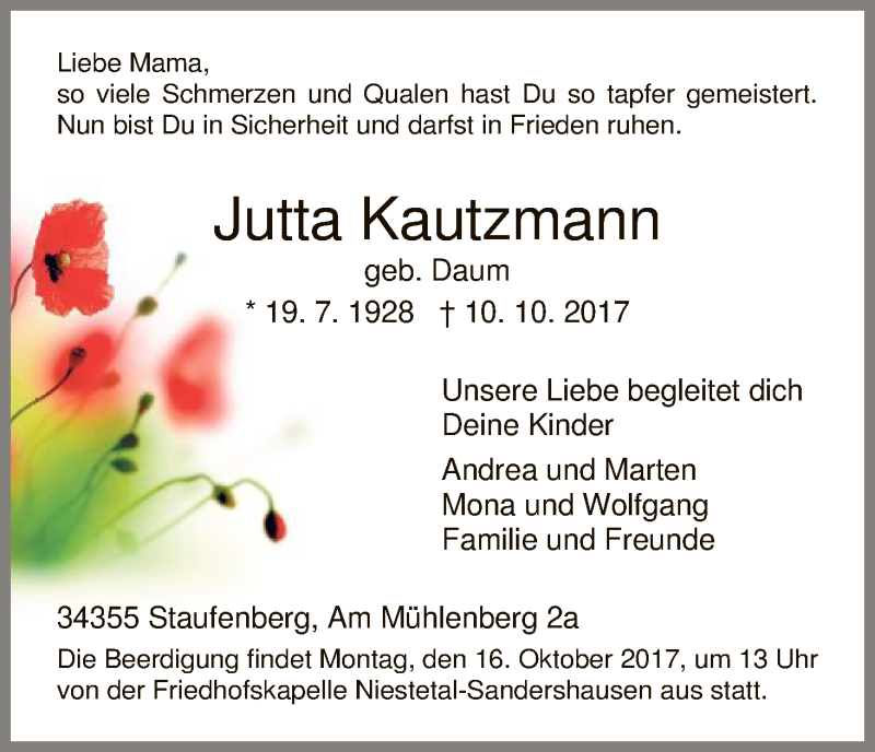  Traueranzeige für Jutta Kautzmann vom 14.10.2017 aus HNA