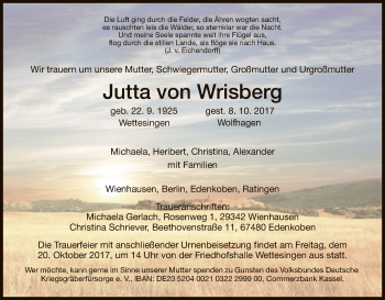 Traueranzeige von Jutta von Wrisberg von HNA