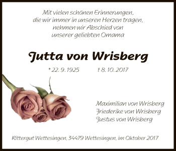Traueranzeige von Jutta von Wrisberg von HNA