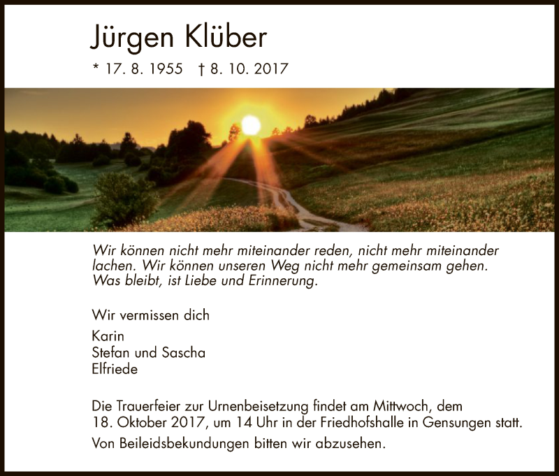  Traueranzeige für Jürgen Klüber vom 14.10.2017 aus HNA