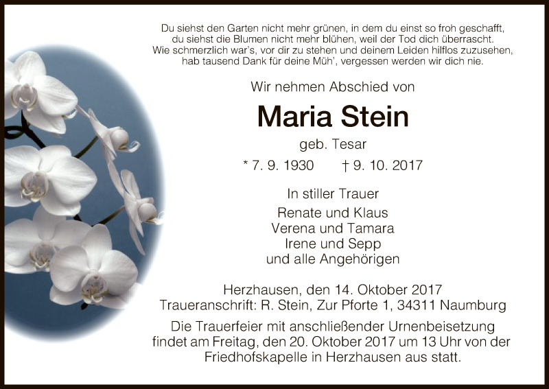  Traueranzeige für Maria Stein vom 14.10.2017 aus HNA