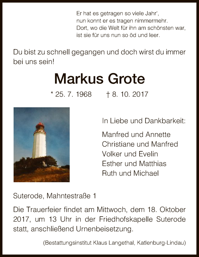  Traueranzeige für Markus Grote vom 13.10.2017 aus HNA