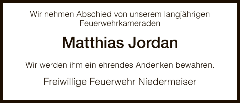  Traueranzeige für Matthias Jordan vom 13.10.2017 aus HNA