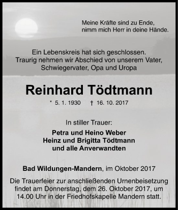 Traueranzeige von Reinhard Tödtmann von HNA