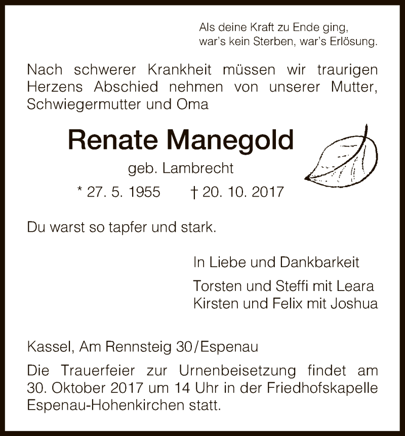  Traueranzeige für Renate Manegold vom 27.10.2017 aus HNA