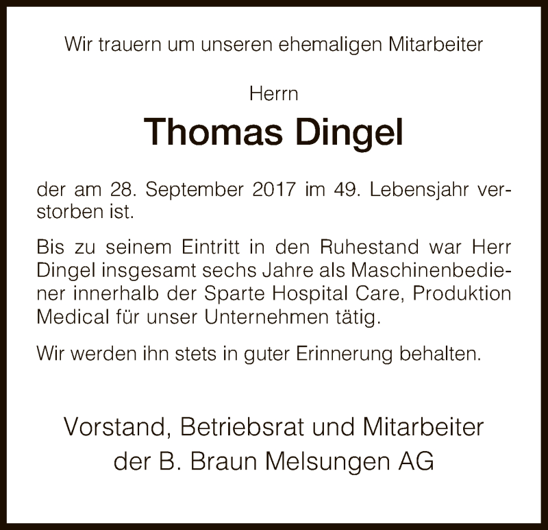  Traueranzeige für Thomas Dingel vom 13.10.2017 aus HNA