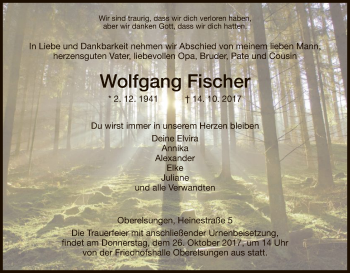 Traueranzeige von Wolfgang Fischer von HNA
