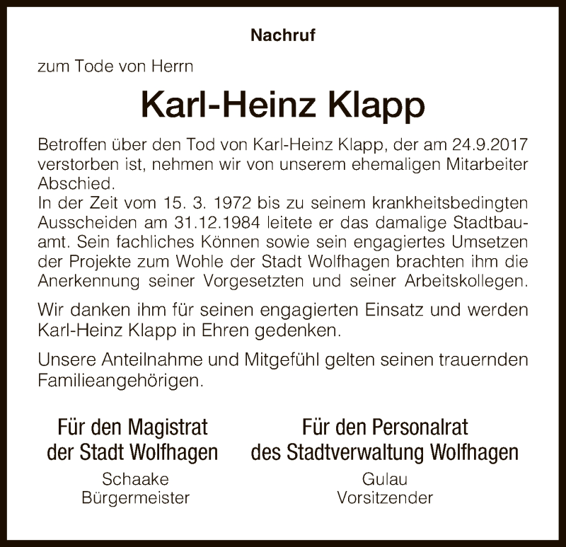  Traueranzeige für karl-Heinz Klapp vom 05.10.2017 aus HNA