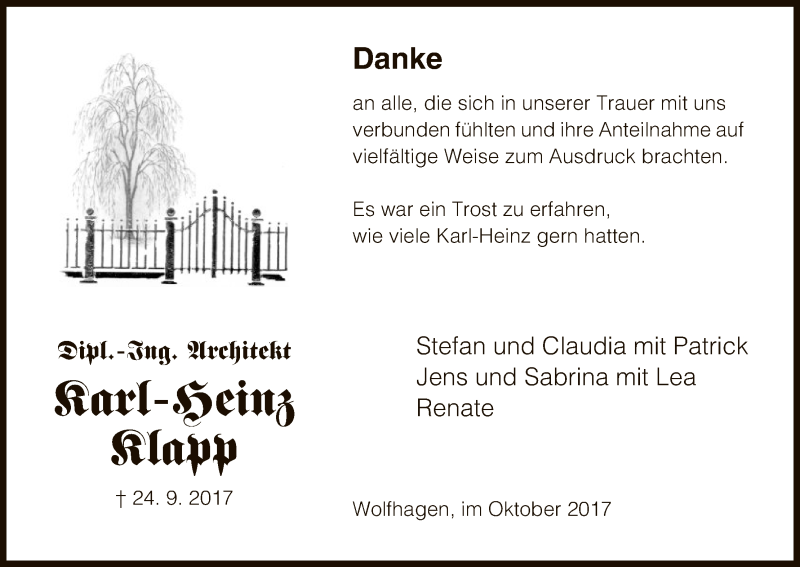  Traueranzeige für karl-Heinz Klapp vom 28.10.2017 aus HNA