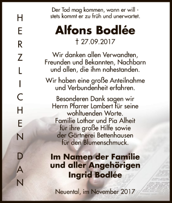 Traueranzeige von Alfons Bodlée von HNA