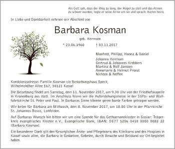 Traueranzeige von Barbara Kosmann von HNA