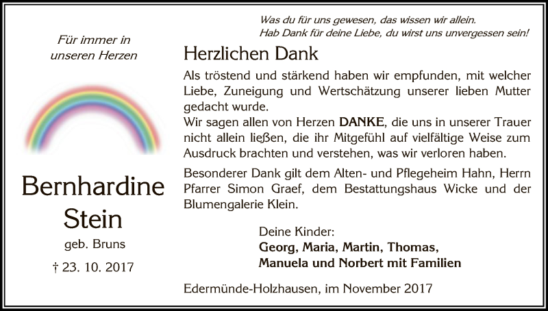  Traueranzeige für Bernhardine Stein vom 18.11.2017 aus HNA