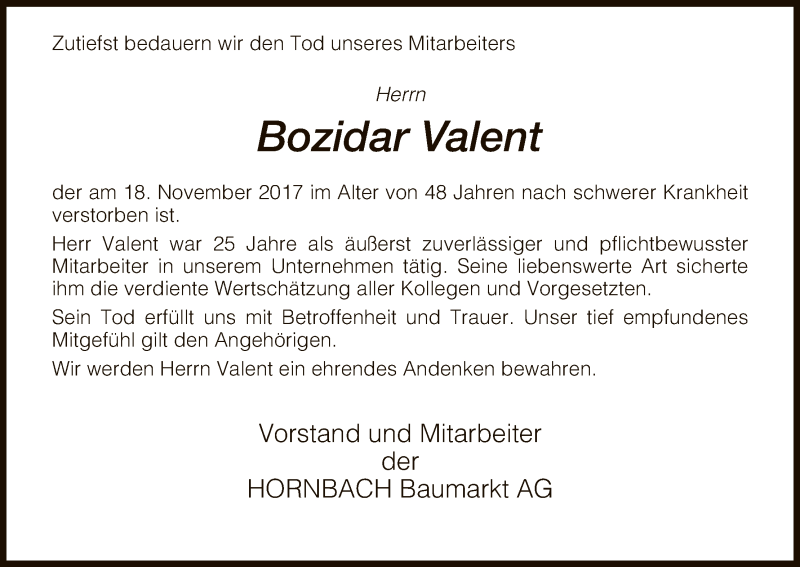  Traueranzeige für Bozidar Valent vom 30.11.2017 aus HNA