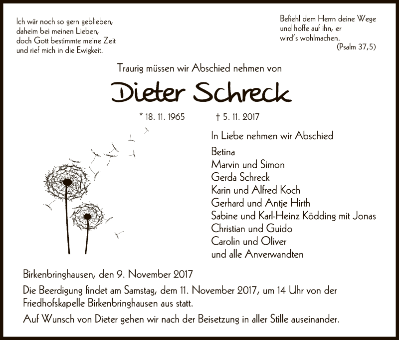  Traueranzeige für Dieter Schreck vom 09.11.2017 aus HNA