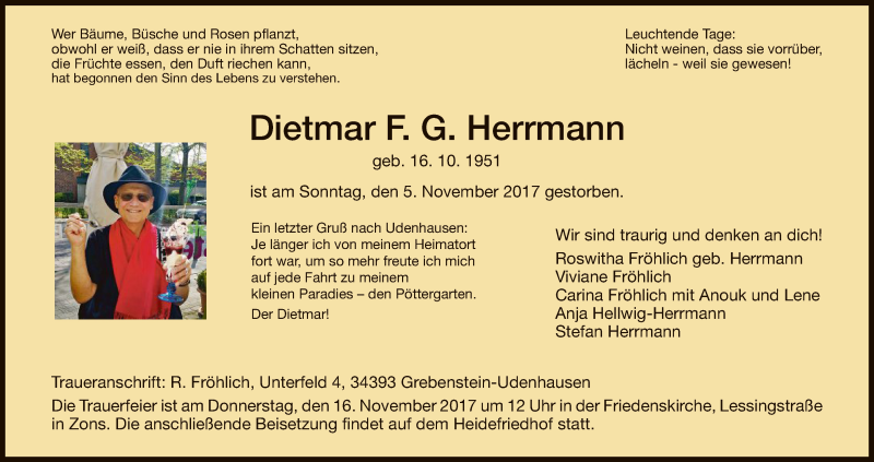  Traueranzeige für Dietmar F. Georg Herrmann vom 11.11.2017 aus HNA