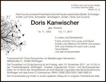 Traueranzeige von Doris Kanwischer von HNA