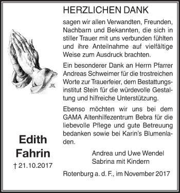 Traueranzeige von Edith Fahrin von etm