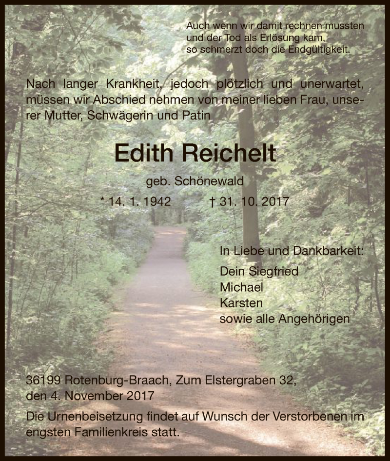  Traueranzeige für Edith Reichelt vom 04.11.2017 aus HNA