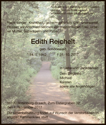 Traueranzeige von Edith Reichelt von HNA