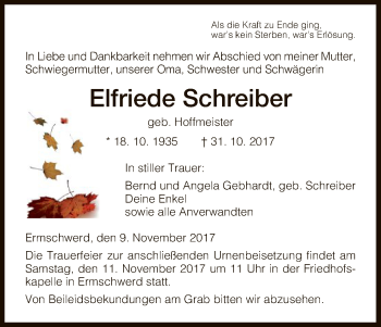 Traueranzeige von Elfriede Schreiber von HNA