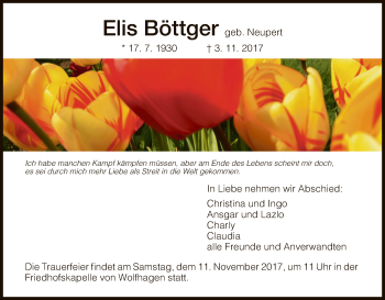 Traueranzeige von Elis Böttger von HNA