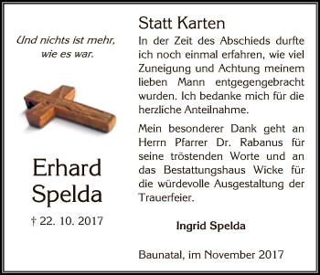 Traueranzeige von Erhard Spelda von HNA