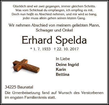 Traueranzeige von Erhard Spelda von HNA