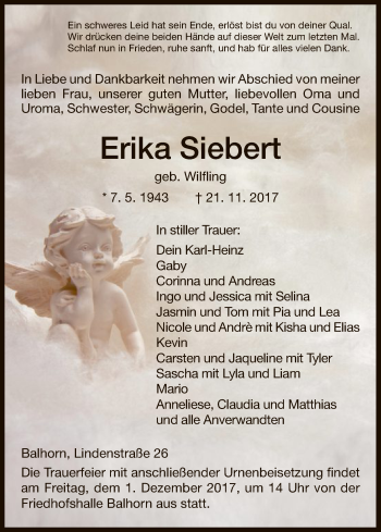 Traueranzeige von Erika Siebert von HNA