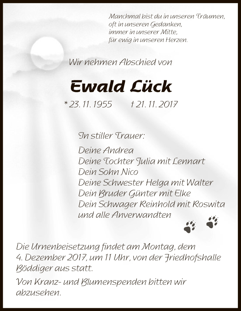  Traueranzeige für Ewald Lück vom 30.11.2017 aus HNA