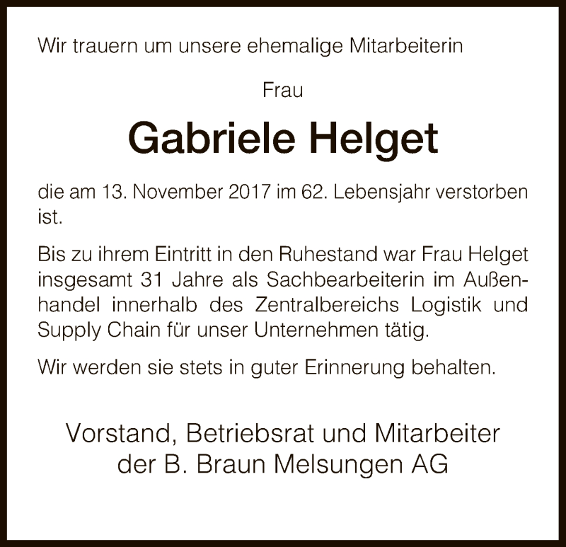  Traueranzeige für Gabriele Helget vom 27.11.2017 aus HNA