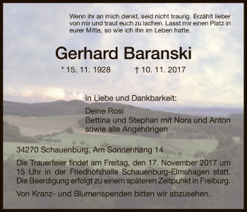 Traueranzeige von Gerhard Baranski von HNA